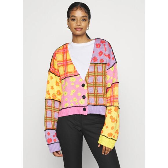 The Ragged Priest Patchwork Daisy Check Cardigan Plaid Oversized Sweater - Picture 1 of 13